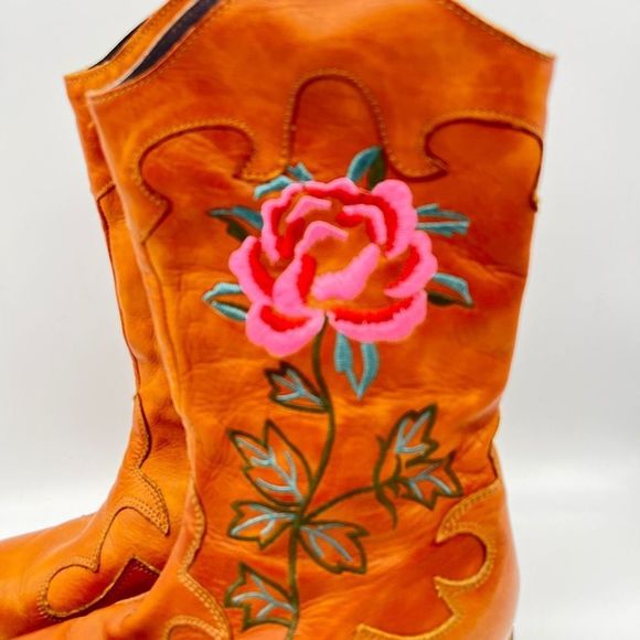 Orange Embroidered Ankle Boots - Picture 2 of 16